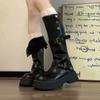 Botas da Moda de Salto Alto e Sola Grossa Estilo Britânico Retrô Duas Formas de Usar para Mulheres 2025 Outono Novo Estilo Versátil Botas Longas da Moda