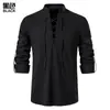 Nueva camisa henley de algodón y lino para hombre de Amazon, manga larga, estilo hippie casual, para la playa, con cuello mao, talla europea