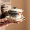 Tazón de cubierta de tres cai azul de fábrica y rojo pedernal flor loto pintado a mano dorado tazón de té de carpa koi juego de té de kung fu de cerámica taza de té