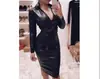 Vestido de malha com decote em V vestido-camisa de couro PU de manga comprida europeu e americano justo vestido-saia sexy