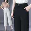 8133 Calças Wide Leg Tingimento Branco Calças de Perna Larga Calças de Chão Meia-idade Retas Soltas Primavera e Verão Calças Longas Calças Femininas Verão Finas
