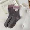 Calcetines decorativos grises y rosas de otoño e invierno para mujer, calcetines lindos de media pantorrilla para niñas, estilo coreano con lazo y rayas