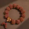 Pulsera Personalizada de Platillo Volador Rey del Árbol Semilla Rudraksha Bodhi Borla Portátil Cinco Pétalos Doble Dragón Cabeza Plana Piel Amarilla y Roja Cuentas de Buda Explosivas