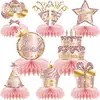 Decorações de favo de mel em ouro rosé para festas de aniversário, decorações de mesa, suportes de favo de mel para festas, suprimentos de base de favo de mel de papel