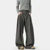 Pantalones de Pierna Ancha Plisados a un Lado Color Avena Estilo Minimalista Cintura Alta Botón Único Caída Suelta Extra Largos Adelgazantes de Largo hasta el Suelo para Hombre