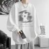 Design temático de gato de outono, moletom de gola redonda para homens, agasalho pesado estampado estilo americano, peça superior solta e estilosa para casais