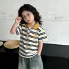 Polo de Manga Corta de Algodón Puro para Niños Verano Nuevo Estilo Camiseta con Cuello para Niños y Niñas Tendencia Estilo Coreano Rayas Bordado Top