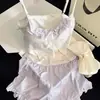 Conjunto de Pijama Fino Estilo Puro Deseo para Mujer Blanco Morado Estampado de Mariposas con Almohadillas en el Pecho Conjunto de Camisola y Shorts Ropa de Casa con Encaje