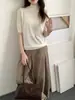 Jersey de punto 100% lana con cuello semialto y manga corta para mujer 2026, camiseta básica de punto de manga tres cuartos, top de otoño para mujer sin planchar
