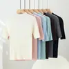 Camiseta Base de Punto Fino de Lana para Primavera y Verano, Cuello Alto, Manga Corta, Color Sólido, Canalé, Corte Ajustado, para Mujer (Paquete de 60)