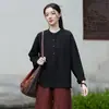 Otoño 2026 Nuevo Ropa de Mujer de Algodón y Lino Ramio Cuello Alto Bloque de Color Botones Pulóver Talla Grande Top Camisa de Algodón y Lino para Mujer