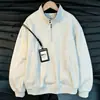 Sudadera de estilo coreano, corte limpio, con media cremallera y cuello alto para hombre, otoño, gris cáñamo con cuello de contraste, top pullover casual holgado deconstruido