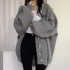 Cardigan suéter chaqueta de punto casual chic coreano para otoño e invierno, estilo perezoso, cuello en V, de un solo botón, manga de farol suelta para mujer