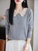 Cardigan fino de lã 6 para mulheres, lapela, primavera e outono, macio, de abotoamento simples, para o trabalho, emagrecimento, manga longa, jaqueta de tricô