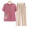 Roupas de Verão para Mulheres de Meia-Idade e Idosas, Conjuntos de Manga Curta para Avós, Camisas de Algodão de Verão para Mães, Conjuntos de Duas Peças para Senhoras Idosas