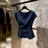 Top Feminino Único, Lindo e Super Estiloso, Novo para o Verão de 2026, Estilo Francês Retrô, Azul Marinho, com Amarração Lateral para Marcar a Cintura