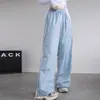 Calça Esportiva de Seda Gelada de Secagem Rápida para Mulheres, Nova Calça Reta Listrada de Cintura Alta Primavera/Verão 2026, Calça de Pierna Larga Solta Estilo Preguiçoso