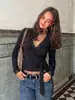 Nueva moda de otoño europea y americana transfronteriza para mujer, camiseta de manga larga con cuello en V ajustada, con tiras laterales en la cintura y ribete de encaje