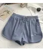 Shorts Bordados com Letras Waffle Feminino Verão Cintura Alta Elástico Perna Larga Calças Casuais Soltas Calças Esportivas Elásticas Feminino