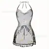 Lencería Sexy de Cuello Halter Transparente Espalda Descubierta Banda para la Cintura Sexy Encaje Puro Deseo con Cordones Borla Falda con Abertura Bata de Noche para Mujer F156