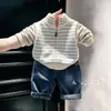 Cárdigan de punto con cremallera y cuello medio para niños unisex, abrigo suéter a rayas Otoño Invierno, top cálido elegante para bebé