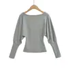 Tricô com Manga Morcego Estilo Desejo Puro com Forro de Lã e Decote V para Mulheres no Outono e Inverno, Camada Interna que Marca a Cintura, Top de Manga Longa Justo