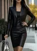 Conjunto de dos piezas de moda para mujer transfronterizo europeo y americano de AliExpress: chaqueta elegante de PU de manga larga y vestido de tirantes de PU