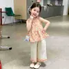 Conjunto de Verano para Niñas Clase A Algodón Seda Sin Mangas Nuevo Lindo Estilo Retro Floral Dulce Elegante Conjunto de Dos Piezas