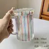 Taza de Vidrio Rayada Estilo Ins con Tapa y Asa Taza con Popote Taza de Vidrio para Beber en Casa de Aspecto Elegante