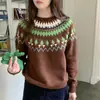 Suéter de tricô feminino 100% lã, novo modelo outono e inverno 2026, suéter espessado jacquard Fair Isle, solto e quente, Maillard