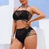 Conjunto sexy de dos piezas de lencería transfronteriza, top de tubo halter con tirantes calados, talla grande, body ajustado sexy con malla calada