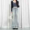 Novedades: Jeans clásicos de pierna ancha rectos, estilo fácil, con diseño de parche de cuero en colores claros, admite envío directo