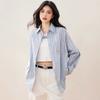Nova Camisa de Proteção Solar Listrada Casual Moda Coreana Primavera 2025 com Bolsos Solta Lapela Feminina