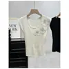 Camiseta de Manga Corta de Punto Elegante Ajustada Adelgazante con Diseño Floral Tridimensional de Estilo Francés Madura Versátil Top para Mujer...
