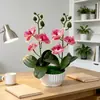 Nuevo Modelo de 2 Tallos con 6 Flores y 6 Hojas, Bonsái de Orquídea Phalaenopsis Artificial con Textura Realista, Flores Artificiales para Decoración de Mesa de Sala de Estar, Planta Verde en Maceta