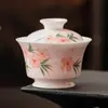 Fabricante Rosa Melocotón Tazón Cubierto de Flor de Melocotón Pintado a Mano Juego de Té Kung Fu Individual Infusor de Té Tazón de Té Cerámico No Caliente con Tapa
