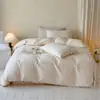 Juego de cuatro piezas estilo francés color crema, 100% algodón, jacquard cepillado 100S, algodón puro, ultrasuave, cálido para otoño e invierno, amigable con la piel y adecuado para dormir