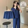 Pijama de Algodón para Mujer Primavera y Verano Nuevo Dulce Estilo Princesa Floral con Almohadilla en el Pecho de Manga Corta Conjunto de Tres Piezas para Niñas Ropa de Casa
