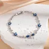 Pulsera Colgante de Hoja y Flor Transfronteriza para Mujer, Flor de Cielo Estrellado Azul, Exquisita Pulsera de Moño de Zirconia, Joyería de Moda