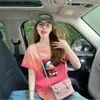 Camiseta de algodón puro de alta gama con color degradado difuminado para mujer, estilo lindo, estampado de dibujos animados, elegante, holgada, adelgazante, top versátil