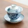 Yuerui tazón con tapa azul y blanco juego de té kung fu individual tetera doméstica con agujero de filtro tazón con tapa de tres piezas tazón grande de mano