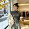 Camiseta Base de Manga Larga con Volantes y Cuello Semi-Alto para Mujer, Nuevo Estilo Otoño e Invierno 2026, Top Acanalado de Color Sólido Ajustado para Mujer