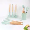 Conjunto de 12 peças de utensílios de cozinha de silicone com cabo de madeira com balde de armazenamento frigideira antiaderente resistente a altas temperaturas espátula de silicone colher de sopa utensílios de cozinha para cozinhar