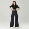 Calça Jeans Reta Azul Escuro para Mulheres no Outono e Inverno Novo Design Americano Não Desbota Solta com Caimento Larga de Cintura Alta até o Chão