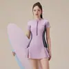 Nuevo traje de baño de una pieza para mujer, de manga corta, con cremallera, estilo falda, conservador, que oculta el abdomen, adelgazante, deportivo, adecuado para aguas termales y natación
