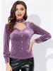 2026 Nueva Moda Femenina Estilo Europeo y Americano Transfronterizo Terciopelo Coreano Volantes Huecos Cuello Semi Alto Cintura Ceñida Manga Larga Blusa para Mujer