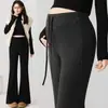 Novos estilos de outono e inverno de calças de maternidade: Calça de yoga estilo coreano, modeladora, com forro de fleece, levemente flare, com cordão e design de comprimento até o chão