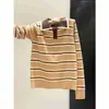 Suéter Polo de Punto Rayado Color Block Melanoid para Mujer Primavera Otoño Invierno Canalé Bloque de Color Ajuste Delgado Manga Larga Top Sencillo