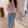 Tiro Real~Camisa Morada Taro de Encaje con Cordones, Mangas de Trompeta y Volantes, Nuevo Diseño Primavera y Otoño 2025 de Corea del Sur para Mujer