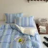 Conjunto de quatro peças em jacquard de algodão lavado com mistura de estampas, fresco e estiloso, 100% algodão, lençol, capa de edredom, conjunto de três peças para estudantes, roupa de cama